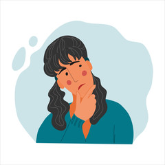 Emotional Women portrait, hand drawn flat style design concept illustration of pensive girl, female face and shoulders avatars. Vector