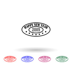 Happy new year 2019 stamp multi color icon. Simple thin line, outline vector of stamp happy new year icons for ui and ux, website or mobile application