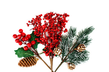 Different christmas decorations on white background, top view