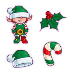 Christmas Cartoon Icon Set - Elf Holly Santa Hat Candy Cane