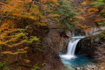 Nishizawa Valley in autumn with waterfall in Chichibu-Tama-Kai National Park in Yamanashi prefecture.