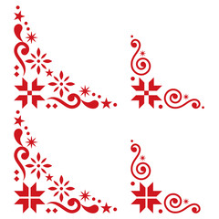 Christmas vector corner set - Scandinavian style, folk design elements with snowflakes in red on white background