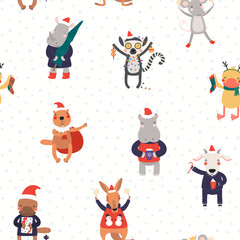 Hand drawn seamless vector pattern with cute animals in Santa hats doing Christmas activities, on white background. Scandinavian style flat design. Concept for kids print, wallpaper, wrapping paper.