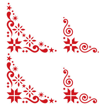 Christmas Vector Corner Set - Scandinavian Style, Folk Design Elements With Snowflakes In Red On White Background