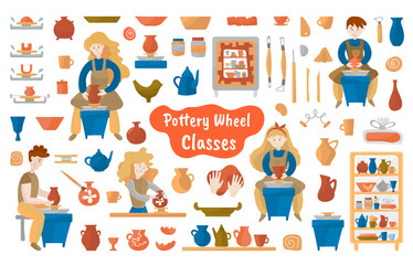 Pottery wheel and pottery mega vector set for background, print or textile. Ceramists, potter's wheels, pots, dishes, teapots, plates, blutz. Isolated items on a white background. Set of pottery works - obrazy, fototapety, plakaty