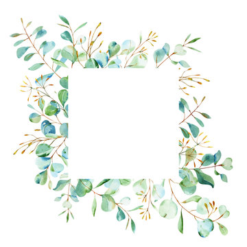Watercolor eucalyptus wreath in blue and green colours.  Silver dollar eucalyptus. Hand painted floral illustration with green leaves isolated on white background. For wedding, design or print.