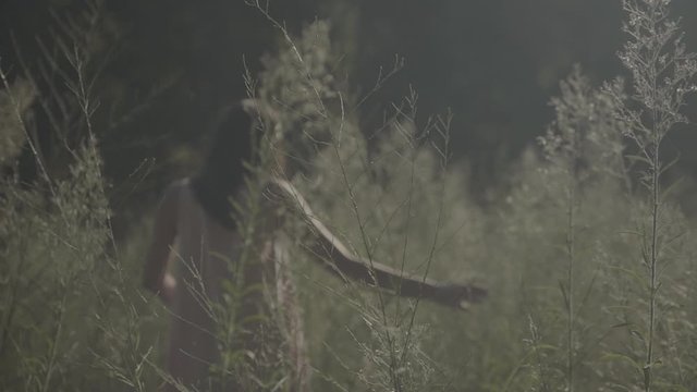 young woman walking through the valley. Hands touching high grass S-log, ungraded