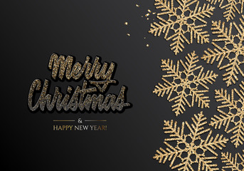 Holiday's Background for Merry Christmas greeting card with a glitter snowflakes and lettering Happy New Year and Merry Christmas