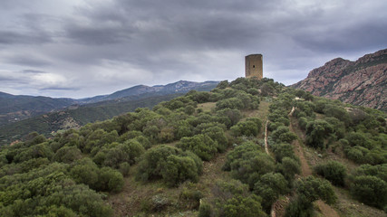 aerial view with drone of the castle torre dei doria chiaramonti santa maria goghinas in sardinia