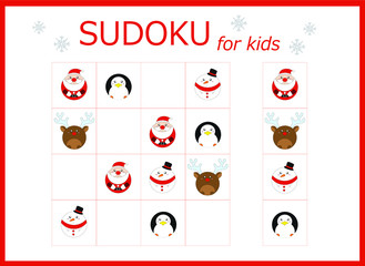 Sudoku for kids. Sudoku. Children's puzzles. Educational game for children. round cartoon santa claus, deer, snowman, penguin