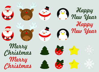 christmas set (santa claus, penguin, deer, snowman, christmas tree, snowflake and lettering)