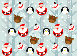 round cartoon santa claus, deer, snowman, penguin on a gray background, vector pattern