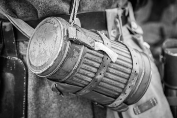 Gas container Wehrmacht Germany World War II equipment close-up. Black and white photography