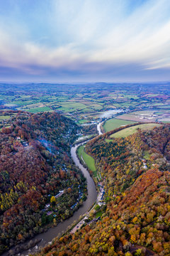 Aerial view of the Autumn leaves and colours at River Wye, Symonds Yat, Herefordshire, Midlands, England, UK