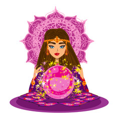 Fortune Teller Woman reads the future from the crystal ball