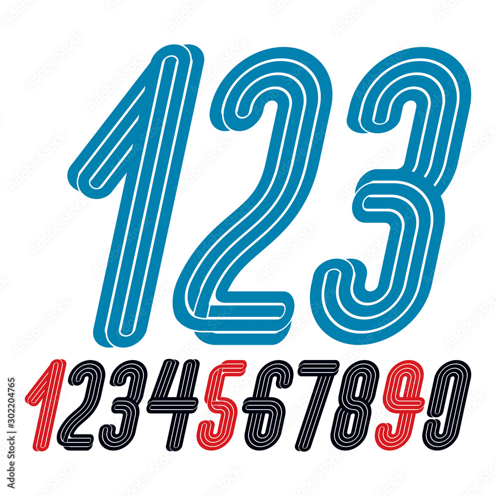 Poster set of vector funky condensed numbers created with parallel lines, for use as retro poster design el