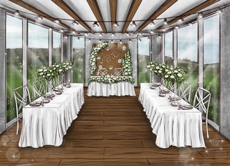 Visualization.  Interior. The interior of the living room.  Banquet room for receiving guests. Luxurious restaurant. 3D illustration.