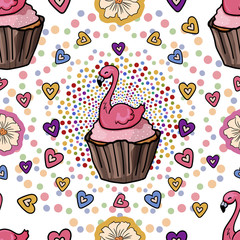 Easter cupcake Flamingo with for children and adults. Seamless pattern. Baking with decor for the holiday. Pastry shop - Vector. Vector illustration