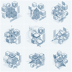 Isometric linear abstract vector backgrounds, lined abstractions. Cubes, hexagons, squares, rectangles and different abstract elements. Vector set.