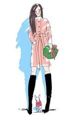 Young beautiful smiling girl model, in a coat, high heels, with a Christmas wreath in hand, and her dog in a sweater, Christmas fashion illustration, vector