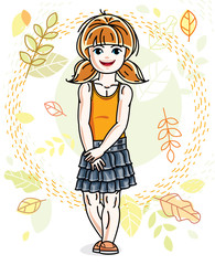Little red-haired girl toddler standing on background of autumn landscape and wearing fashionable casual clothes. Vector attractive kid illustration. Fashion and lifestyle theme cartoon.