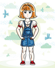 Little red-haired cute girl toddler in casual clothes standing on nature backdrop with birds and clouds. Vector illustration of pretty child.