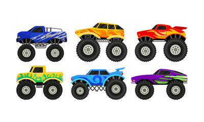 Bright Colorful Monster Trucks With Big Tyre Vector Illustration Set © Happypictures