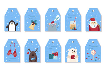 Set of Christmas gift tags featuring cute animals, Santa, mittens, drink, gifts, bell. Stock vector graphics.