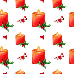Festive pattern of watercolor red burning candles. Christmas white seamless background. Can be used as wrapping paper.