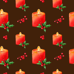 Festive pattern of watercolor red burning candles. Christmas brown seamless background. Can be used as wrapping paper.