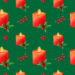 Festive pattern of watercolor red burning candles. Christmas green seamless background. Can be used as wrapping paper.