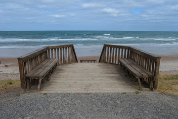 Fototapeta na wymiar Sellicks Beach benches and walkway to the beach