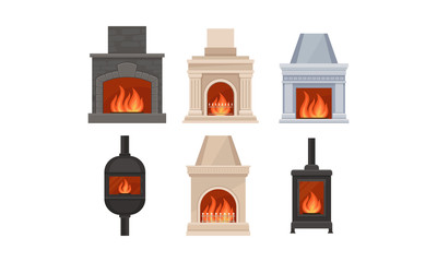 Different Kinds Of Fireplaces With Various Design Vector Illustration Set