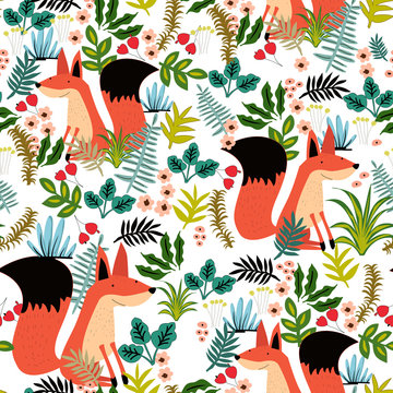 Cute Fox And Green Leave Seamless Pattern