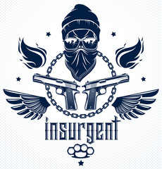 Anarchy and Chaos aggressive emblem or logo with wicked skull, weapons and different design elements , vector vintage scull tattoo, rebel gangster criminal and revolutionary.