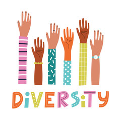 Peoples hands with different skin color. Raised hands cartoon vector illustration. Diversity concept design. Race and cultural equality.
