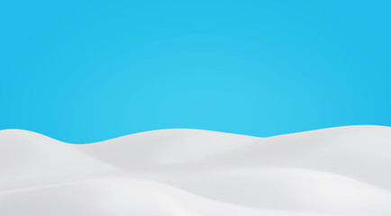 Snowy landscape on blue sky background. Winter snow field realistic scene. Christmas empty banner