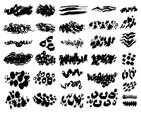 Large set with black brush strokes on a white isolated background. Collection of horizontal brush strokes. Leopard, wavy, blots and spots of paint. Вrushstrokes hand drawn set. Abstract ink texture
