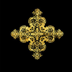 Glitter hand drawn artistic Christian cross mandala sparkling object isolated on black background