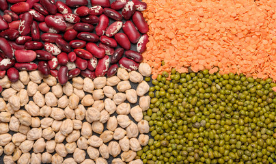 Concept of legumes chickpeas, lentils, beans, mash. Protein plant background top view. Food background