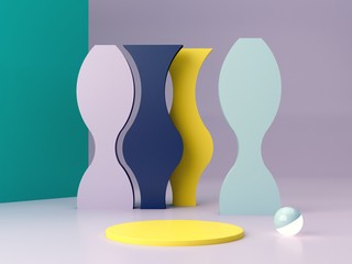 Minimal scene with geometrical curved forms in blue abstract background. Set of Geometric shapes in chaotic composition. Colorful scene. Abstract minimal concept, blank space, clean design, 3d render.