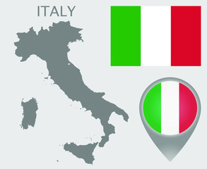 Colorful flag, map pointer and gray blank map of Italy. High detail. Vector illustration