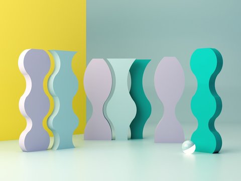 Minimal scene with geometrical curved forms in blue abstract background. Set of Geometric shapes in chaotic composition. Colorful scene. Abstract minimal concept, blank space, clean design, 3d render.