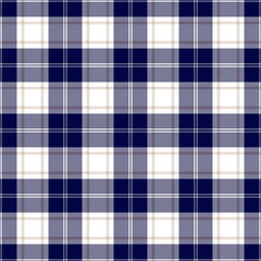 Navy blue, brown and white tartan plaid. Scottish textile pattern.