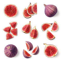 Set of fresh whole and sliced figs - obrazy, fototapety, plakaty