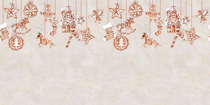 Christmas Gingerbread cookies    watercolor  hand drawn artistic vintage seamless pattern border