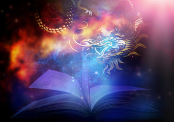 Magic book with light and shine An amazing story book with stars, and magic dragons. And sparkling...