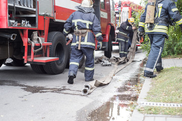 Fire brigade works on a machine with a hose. View from the back