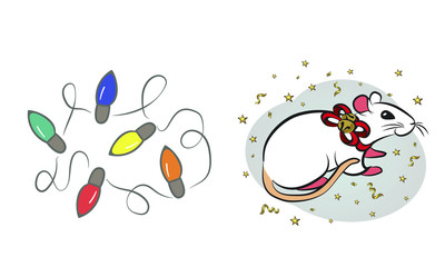 Little Mouse in a red Santa's hat with Garland Lights Christmas and New Year card, t-shirt composition, handmade vector illustration.