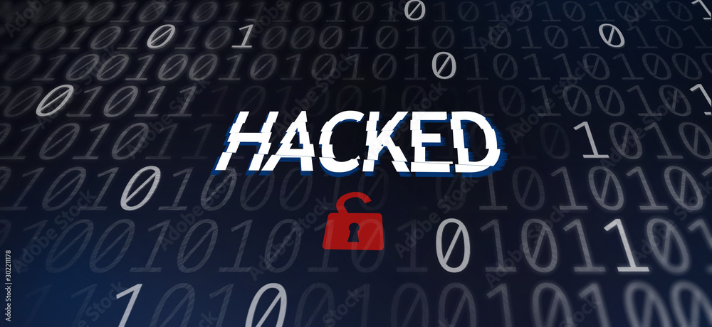 Poster Hached inscription and open padlock icon over binary code background